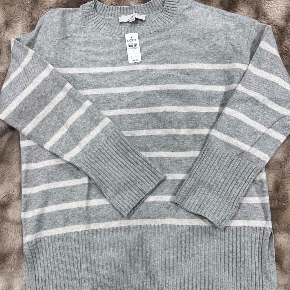 LOFT Women's Striped Crewneck Sweater in Gray and Cream